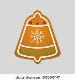 Cute gingerbread cookies, with icing and a snowflake, in the shape of a bell, Sweets for Christmas. Vector graphics.