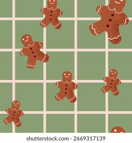 Lindo patrón de galletas de jengibre sin fisuras. Hombres festivos del jengibre de las Navidades con la guinda en fondo verde de la rejilla. Dulce diseño navideño. Ilustración vectorial aislada.