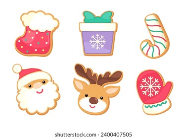 Cute gingerbread cookies set Christmas vector graphics collection. Holiday sugar cookie icons isolated on white background. Cartoon vector illustration. Gingerbread santa face, reindeer, gift, etc.