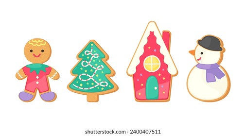 Cute gingerbread cookies set Christmas vector graphics collection. Holiday sugar cookie isolated on white background. Cartoon vector illustration. Gingerbread man, house, snowman, Christmas tree.