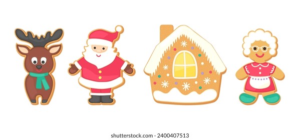 Cute gingerbread cookies set Christmas vector graphics collection. Holiday sugar cookies isolated on white background. Cartoon vector illustration. Gingerbread Santa, Mrs. Claus, sugar house, deer.