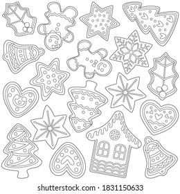 Cute Gingerbread cookies of various shapes, gingerbread man, Christmas tree, leaf, star, house, snowflake, heart, bell. Winter holiday illustration, Coloring page, black and white, line art