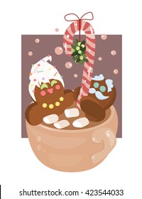 Cute Gingerbread Couple in a Cup of Coffee with Marshmallows under Mistletoe on Candy Cane