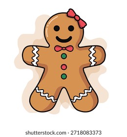 Niedliches Lebkuchen Mädchen Cookie Vektorgrafik.Handgezeichnete süße Weihnachten Lebkuchen Cartoon-Charakter mit roter Schleife