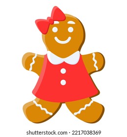 Cute gingerbread girl cookie for winter holidays, vector