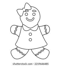 Cute gingerbread girl cookie for winter holidays, doodle style flat vector outline for kids coloring book