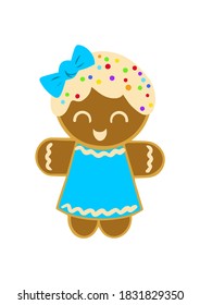 Cute gingerbread girl decorated with colored glaze on a white background. Cute vector illustration for christmas, new year, winter holiday, cooking, new year's eve