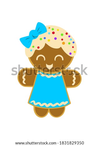 Cute gingerbread girl decorated with colored glaze on a white background. Cute vector illustration for christmas, new year, winter holiday, cooking, new year's eve