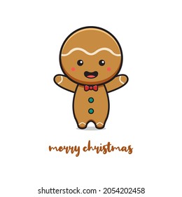Cute gingerbread greeting merry christmas and happy new year cartoon doodle card background illustration design flat cartoon style