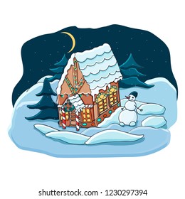 Cute gingerbread house with bright illumination in the night snowy forest and a snowman. Christmas greeting card. Hand drawn vector illustration. 