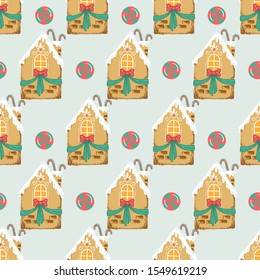 Cute Gingerbread House with candies Vector Seamless Holiday Pattern