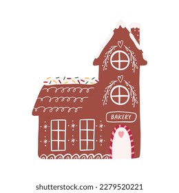 Casa de jengibre con decoración de dibujos a mano, ilustración de cartoon plana vectorial aislada en fondo blanco. Panadería de pan de jengibre, decoración navideña.