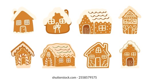 Cute gingerbread house with icing for Christmas dessert set collection.