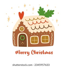 Cute gingerbread house isolated element. Christmas cookies and candy hand drawn vector illustration. Merry Christmas card. Baked Christmas dessert, poster. Xmas food design in childish cartoon style.