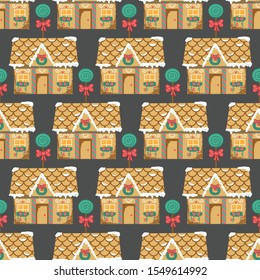 Cute Gingerbread House and Lollypop Vector Seamless Pattern