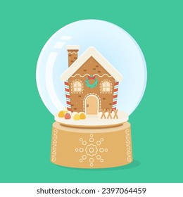 cute gingerbread house in the snowglobe, vector illustration