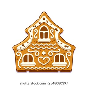 Cute gingerbread house with sugar icing and sprinkles evoking Christmas spirit isolated on white