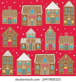 Cute Gingerbread Houses on Red Background