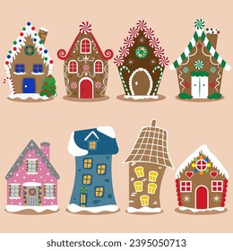 Cute gingerbread houses set with decorations, ornaments and gingerbread people. Christmas cookies and candies. Stock vector illustration collection.