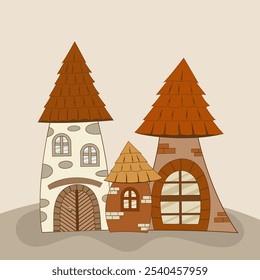 Cute gingerbread houses set with decorations, ornaments and gingerbread people. Christmas cookies and candies. Stock vector illustration collection