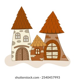 Cute gingerbread houses set with decorations, ornaments and gingerbread people. Christmas cookies and candies. Stock vector illustration collection