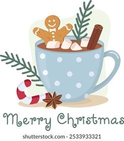 Cute gingerbread man in blue cup of hot drink with marshmallows. Hand drawn holiday concept