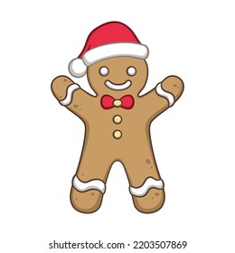 Cute gingerbread man with a bow tie and Santa hat cartoon illustration. Winter Christmas celebration theme clip art.