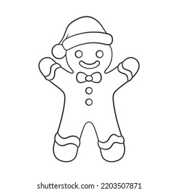 Cute gingerbread man with a bow tie and Santa hat Winter Christmas theme easy coloring book page activity for kids.