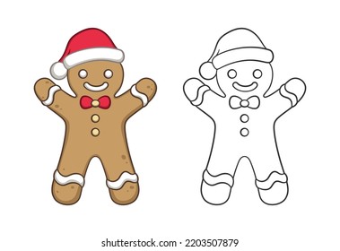 Cute gingerbread man with a bow tie and Santa hat outline and colored doodle cartoon illustration set. Winter Christmas theme coloring book page activity for kids and adults.