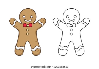 Cute gingerbread man with a bow tie outline and colored doodle cartoon illustration set. Winter Christmas theme coloring book page activity for kids and adults.