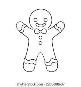 Cute gingerbread man with a bow tie Winter Christmas theme coloring book page activity for kids.