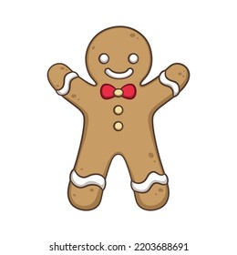 Cute gingerbread man with a bow tie cartoon illustration. Winter Christmas theme clip art.