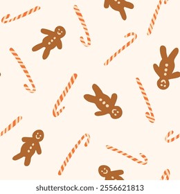 Cute gingerbread man and candy canes in brown and orange on off white background.  Seamless vector Christmas pattern. Great for home decor, fabric, wallpaper, gift wrap, stationery, packaging designs.