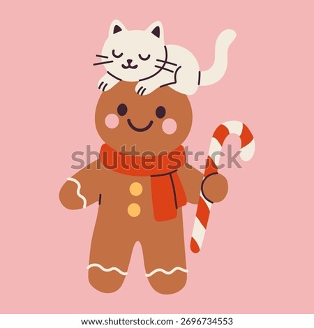 Cute Gingerbread Man with Cat and Candy Cane