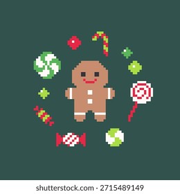 Cute Gingerbread Man with Christmas Candy in Pixel Art Style Vector Illustration