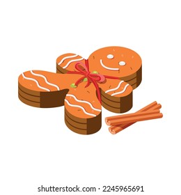 Cute gingerbread man with cinnamon sticks isometric icon 3d vector illustration