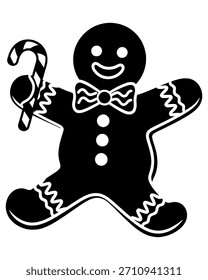 Silueta linda del carácter de la galleta del hombre del jengibre que lleva una pajarita y que sostiene un bastón de caramelo festivo, Ilustración vectorial para los temas de la hornada de las Navidades.