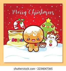 Cute gingerbread man cookie with a chocolate cup christmas tree snowman and candy cane card