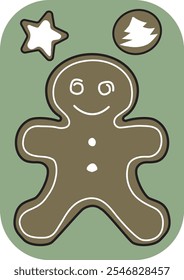 Cute gingerbread man cookie illustration with a vintage flat background. Ideal for Christmas baking or festive decoration projects.