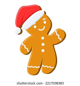 Cute gingerbread man cookie in Santa hat, Christmas vector