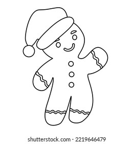 Cute gingerbread man cookie in Santa hat, doodle style flat vector outline for kids coloring book