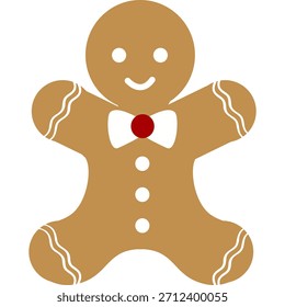 Linda galleta de hombre de jengibre con glaseado blanco y pajarita roja. Ideal para diseños de Navidades, tarjetas de felicitación, pegatinas y decoraciones festivas.