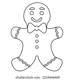 Cute gingerbread man cookie for winter holidays, doodle vector outline illustration for coloring book