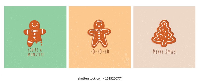 Cute gingerbread man cookies and christmas tree. Bitten leg. Merry x-mas. Funny vector greeting cards. Christmas winter mood. Set of three hand drawn trendy illustrations. Cartoon style. Flat design