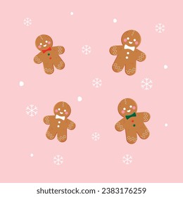 cute gingerbread man cookies and snow. vector illustration