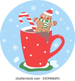 
Cute gingerbread man in a cup of cocoa with marshmallows. Christmas card on blue background
