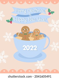 Cute gingerbread man in a cup of tea celebrating Christmas and happy new year 2022, cute Christmas character, cute Christmas cartoon, new year postcard and poster design, Christmas postcard and poster