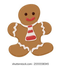 Cute gingerbread man flat illustration with red and white striped tie, decorated with icing details, representing festive Christmas spirit. Vector drawing on white background