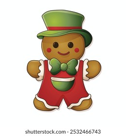 Cute gingerbread man with green hat and bow tie isolated on white