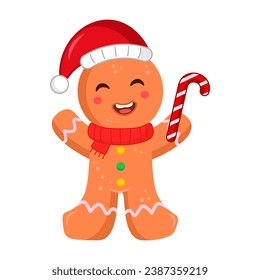 Cute gingerbread man holding christmas candy cane while raising hand